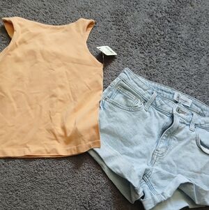 Peach Tank Top and Light Blue Denim Shorts